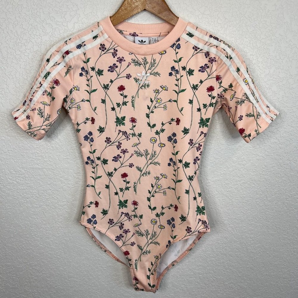 Adidas Floral Bodysuit Women's Size XS Pink Short Sleeve Casual Snap Closure - Picture 1 of 10